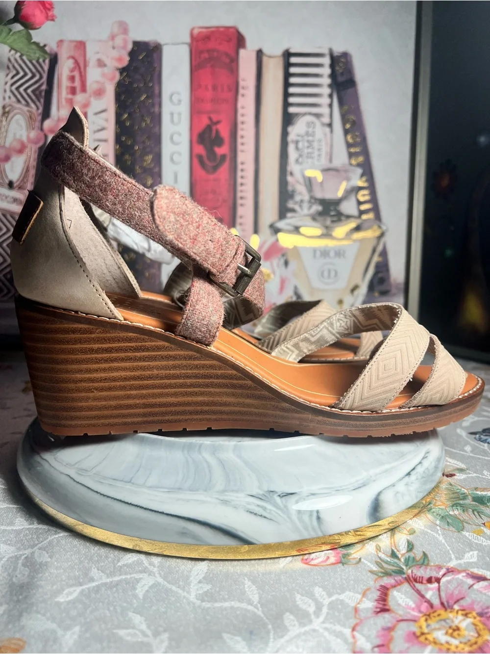 Pendleton Tan and Brown Crisscross Wedge Sandals